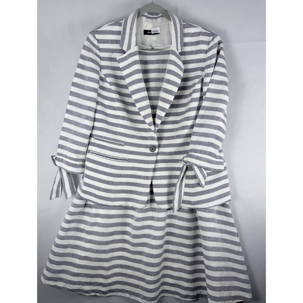 Nine West Womens 14 Linen Blend Striped Dress Blazer 2 Piece Suit Set Gray White